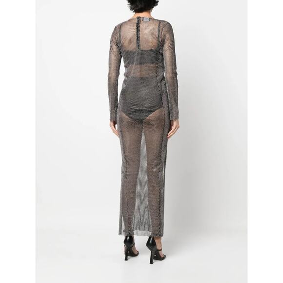 SANTA Rhinestone Embellished Mesh Maxi Dress Party Statement Evening Black Sz M - Picture 3 of 9